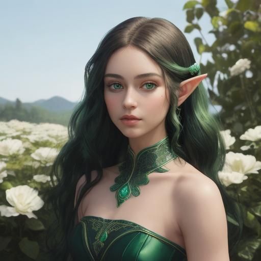 Elegant Elf in Malachite Green Gown, Digital Art