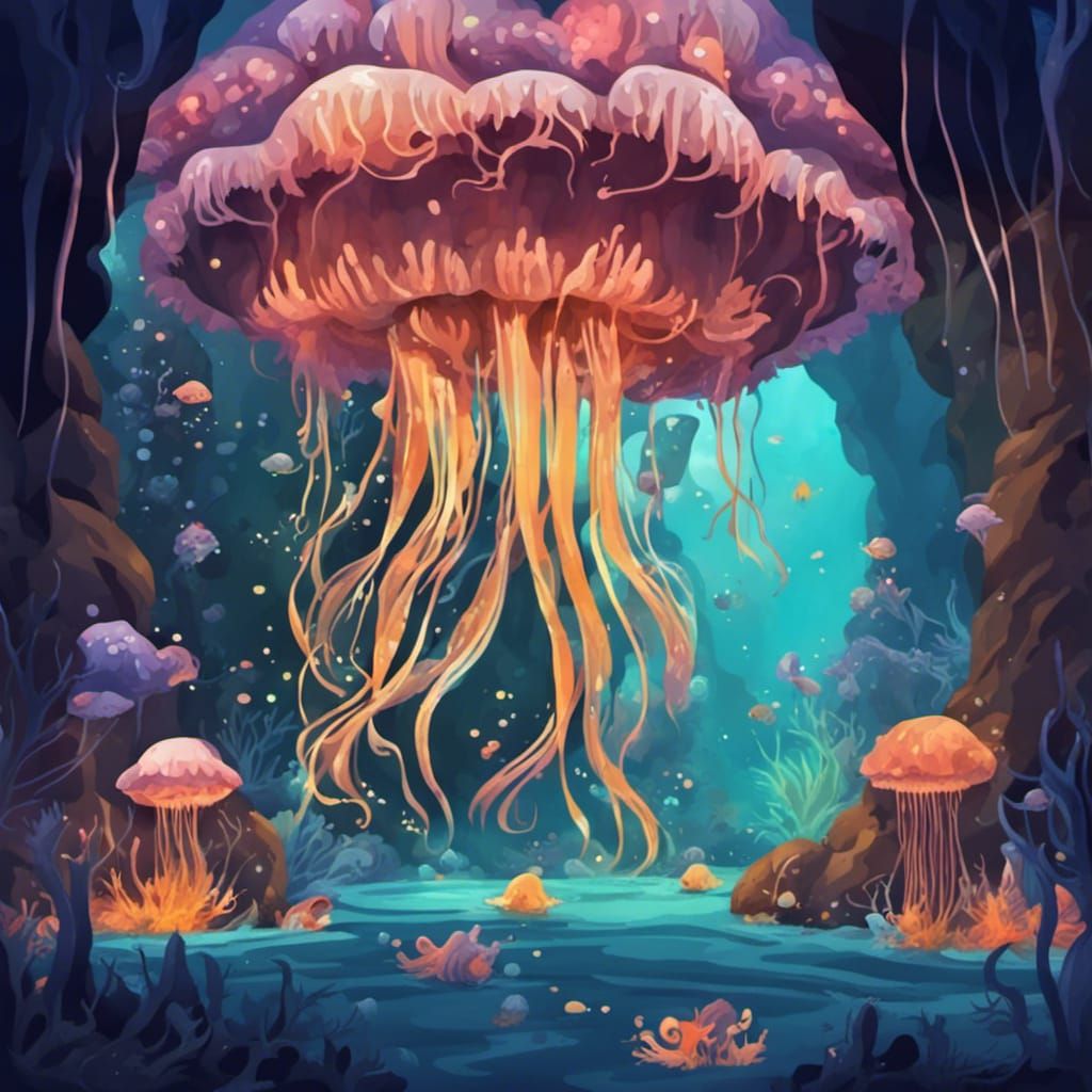 A mysterious underwater cave, rock formation, glowing jellyf...
