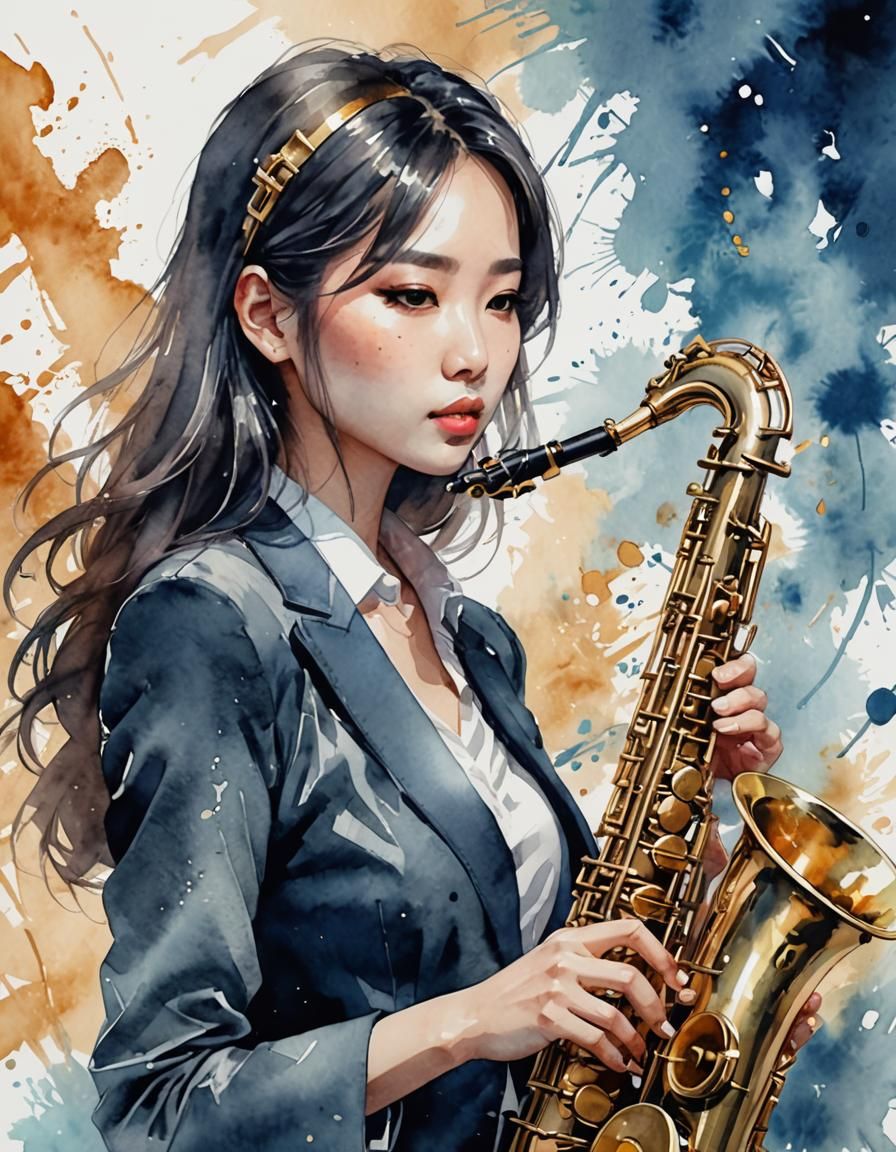 Asian Woman Playing Saxophone: Abstract Watercolor Illustrat...
