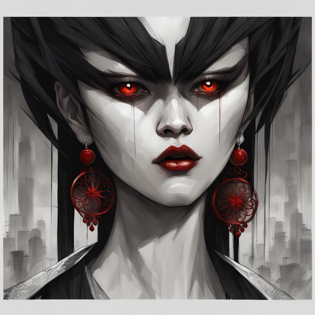 Beautiful Asian Vampire Portrait in Detailed Illustration