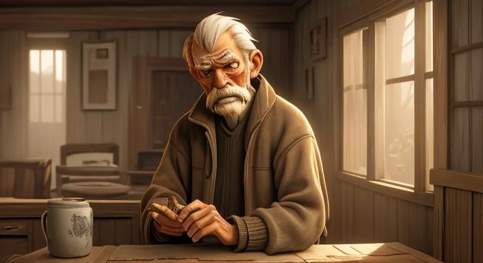 Elderly Man in Humble Home: Watercolor Digital Art