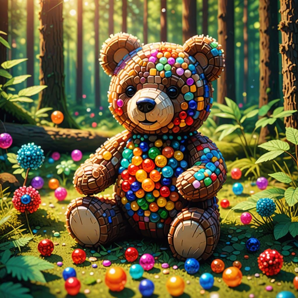 Cheerful Teddy Bear Arranges Beads in Pixel Art Style