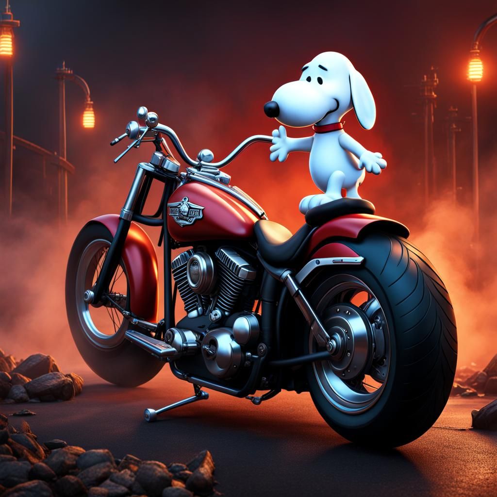 Snoopy as a Biker in Hyperrealistic Cartoon Style