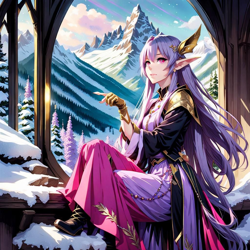 Anime Girl Gazing at Snowy Mountain Landscape