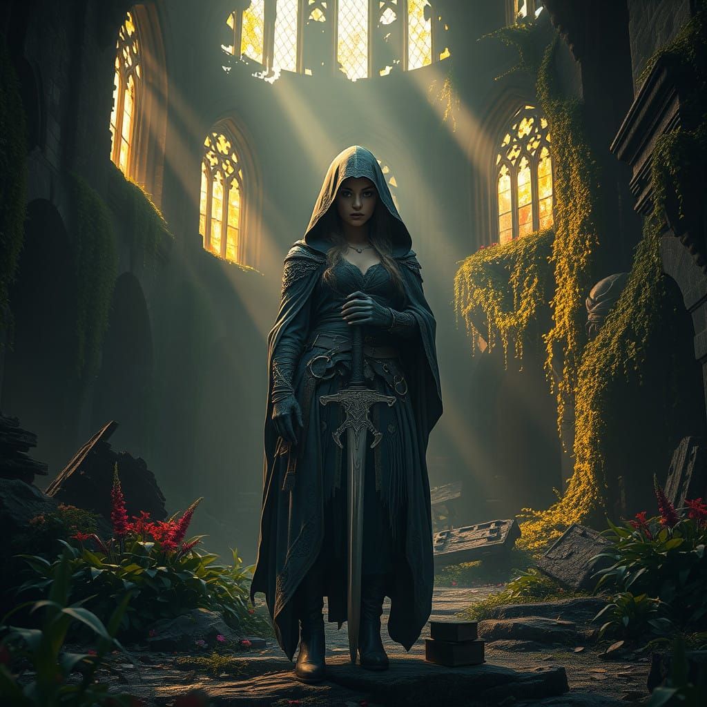 Warrior Queen in Ruined Castle, in the Style of Fantasy Conc...