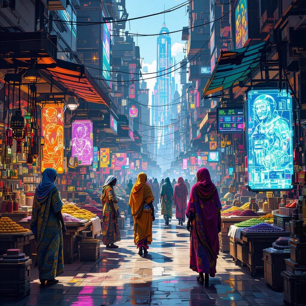 Futuristic African Marketplace with Holographic Fabrics