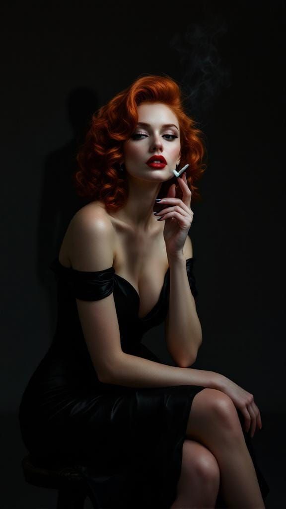 Noir Portrait of Redhead with Vintage Curls