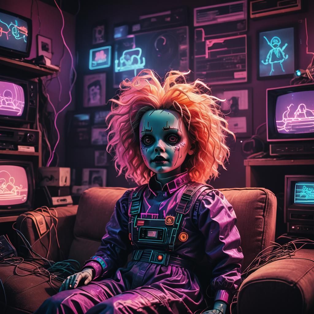 Cursed Doll in Synthwave Neon Retro Style