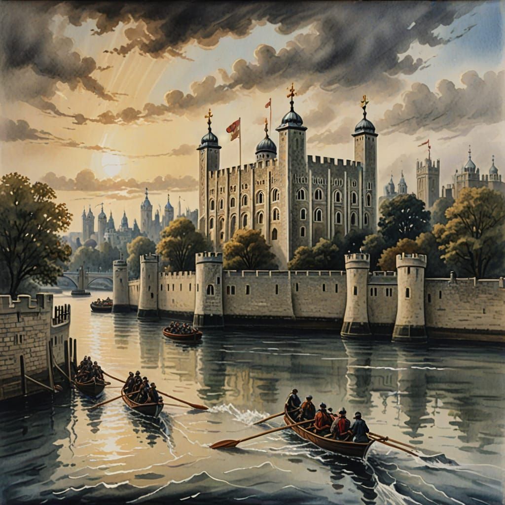 Medieval Rowboat Approaches Tower of London in Ink and Water...