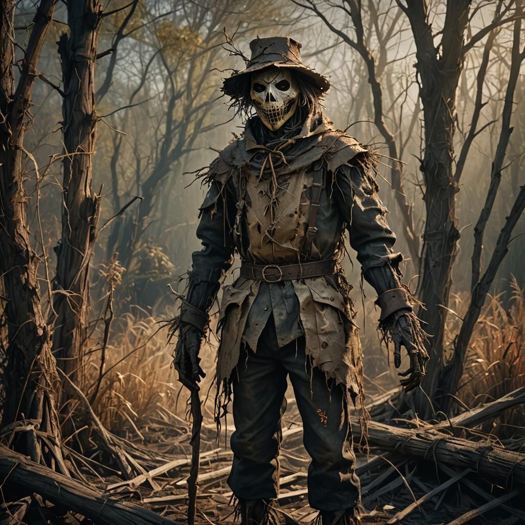 Eerie Scarecrow in Overgrown Wood: Dark Fantasy Art
