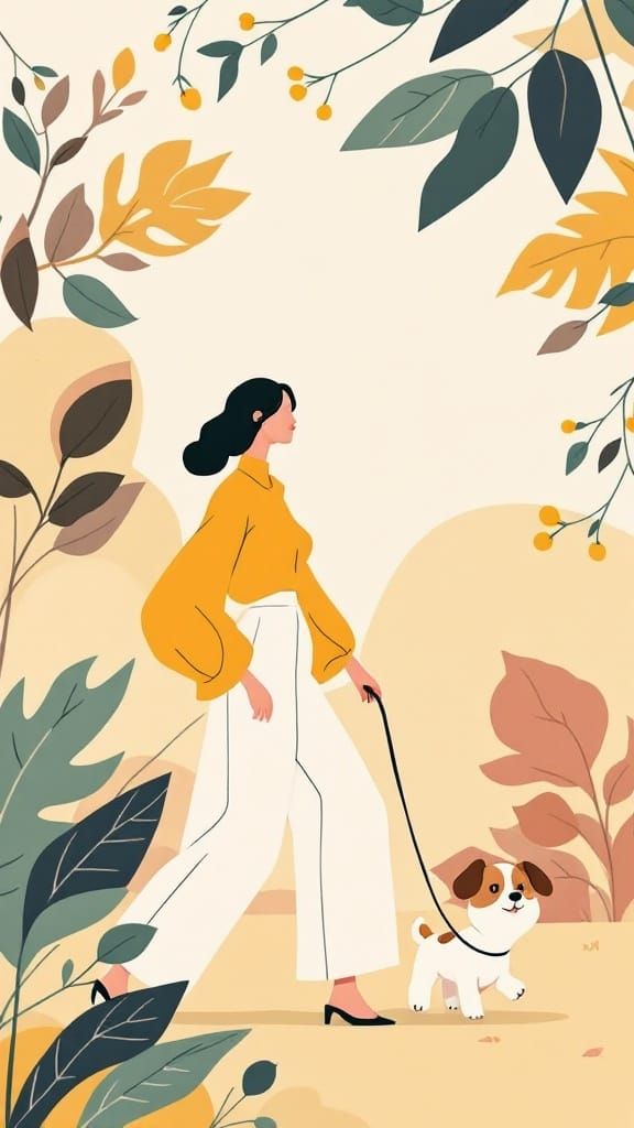 Confident Woman Strolls with Happy Dog in Whimsical Park Lan...