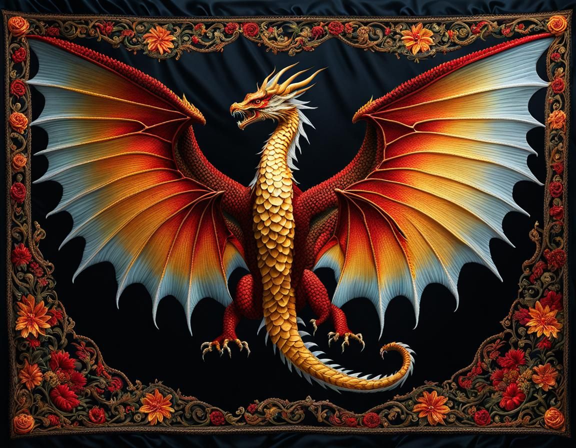 Embroidered Dragon Wings Digital Art Wall Hanging