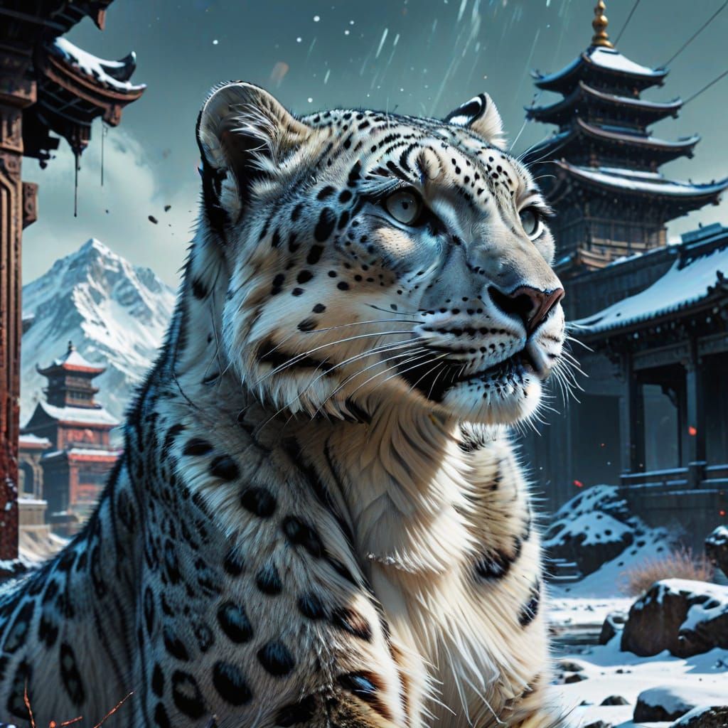 Beautiful Snow Leopard :: Temples in the background, double exposure collage art, ink d...