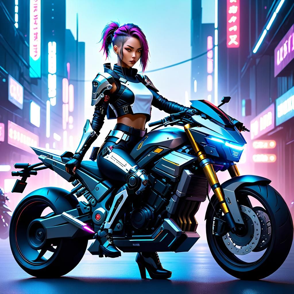 Cyberpunk Cyborg Girl on Motorcycle with Sword