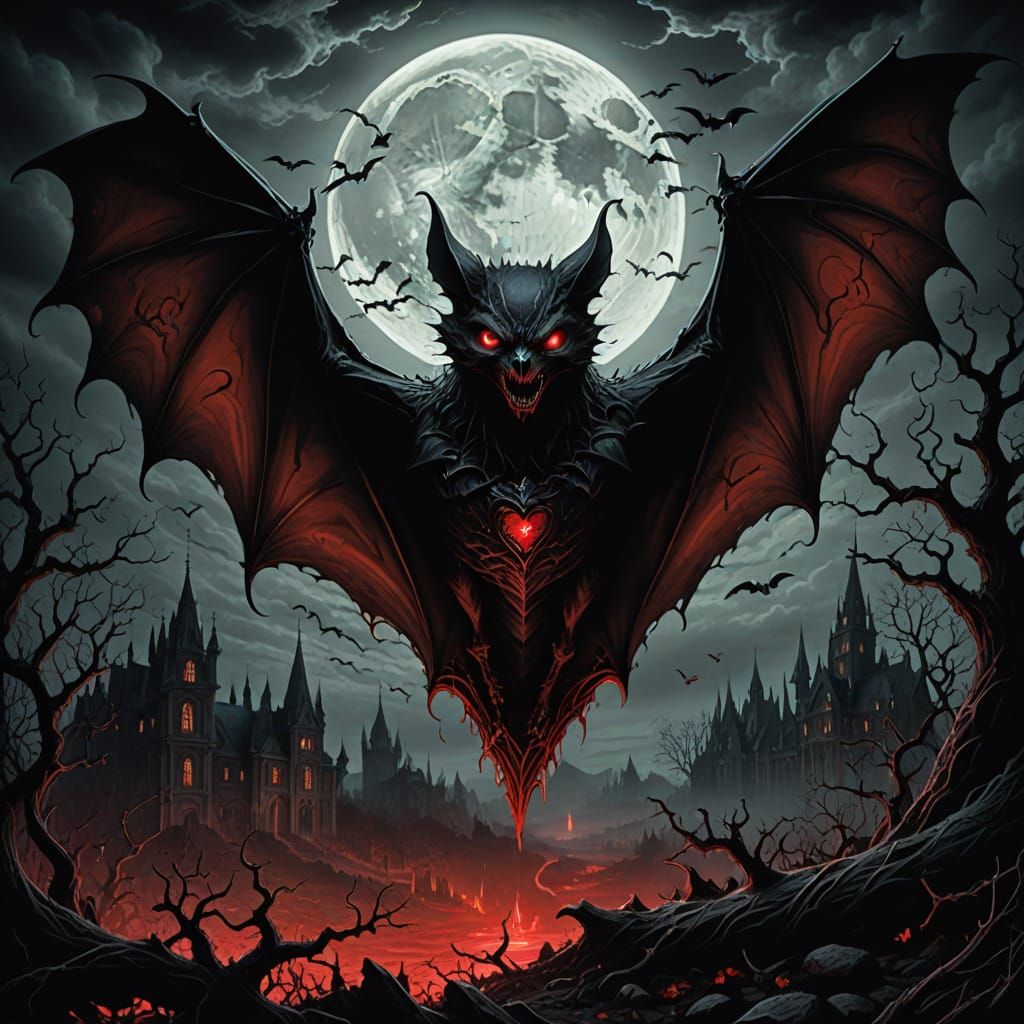 Haunted Heart Bat in Gothic Horror Landscape