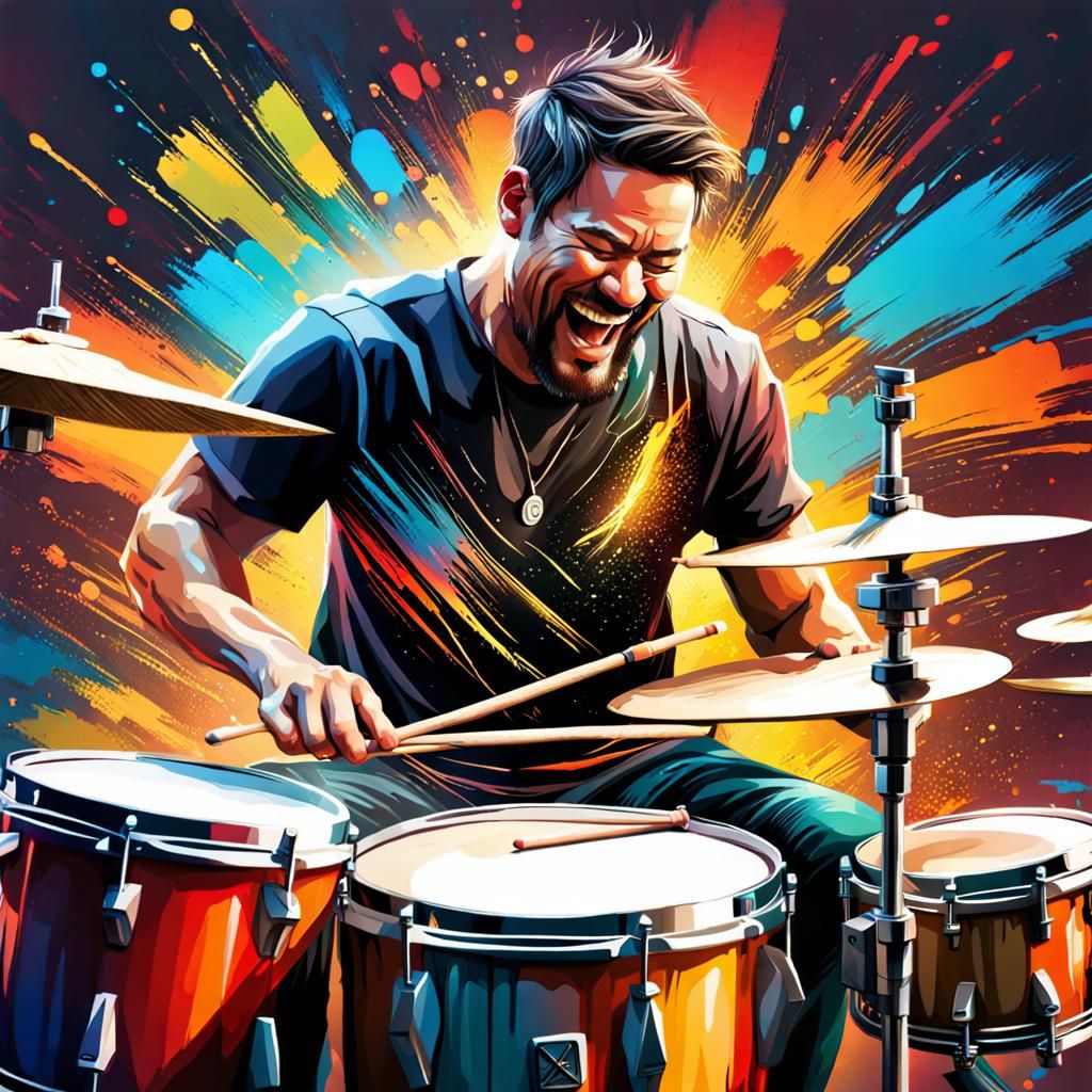 Man Playing Drums in Hyperrealistic Splash Art