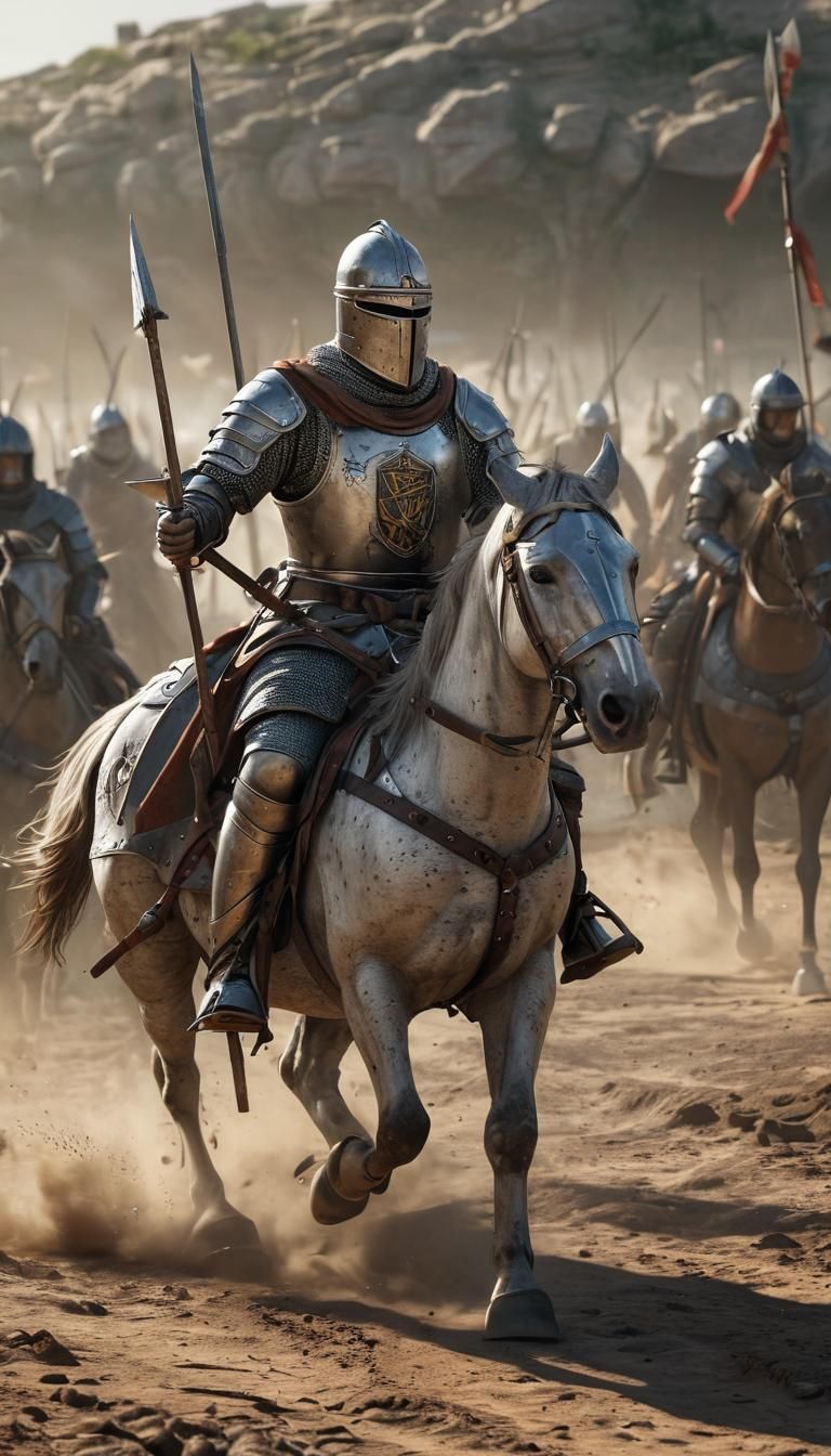 A heavily armored Norman knight on horseback, his lance rais...