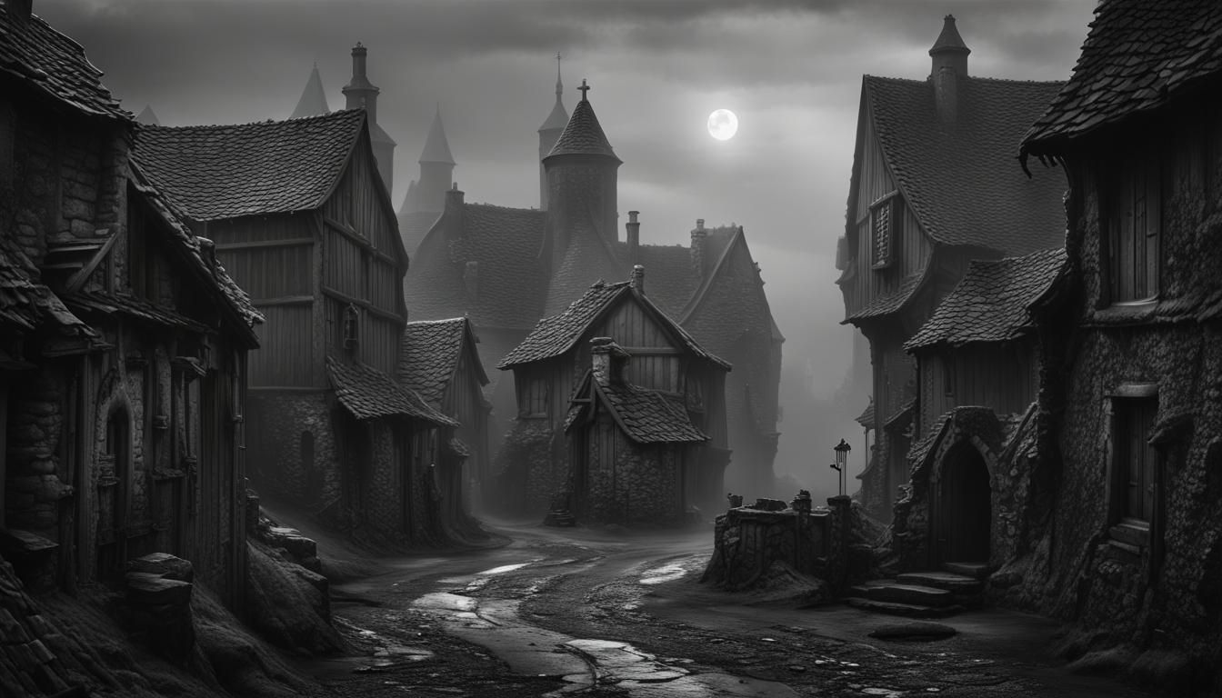 Misty Gothic Village: A Grayscale Matte Painting