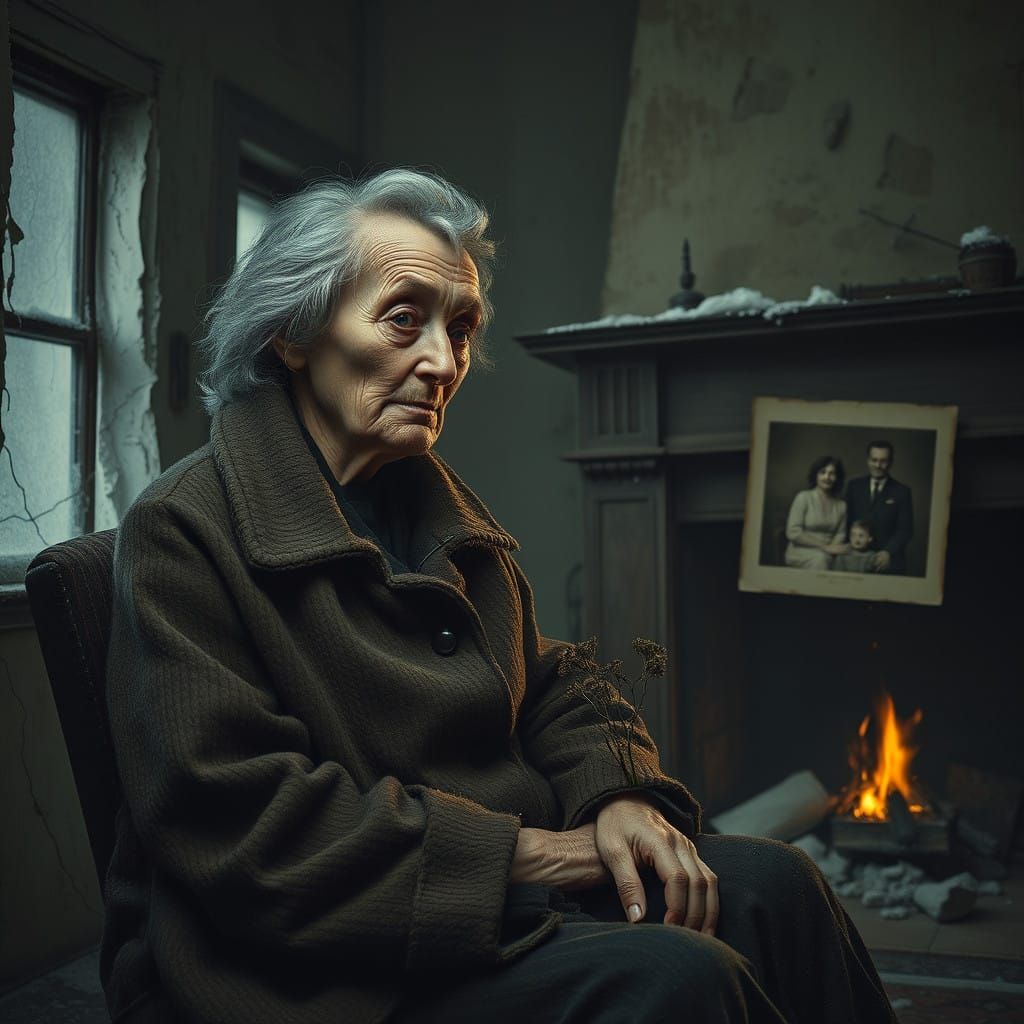 A frail, elderly woman, shivering in a worn, threadbare coat, sits alone in a dimly lit, cold, and barren house, the wal...