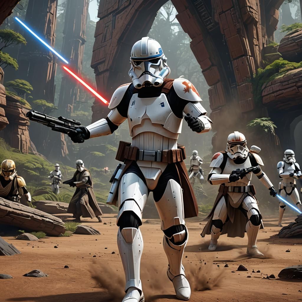 Clone Trooper Confronts Jedi: Detailed Matte Painting