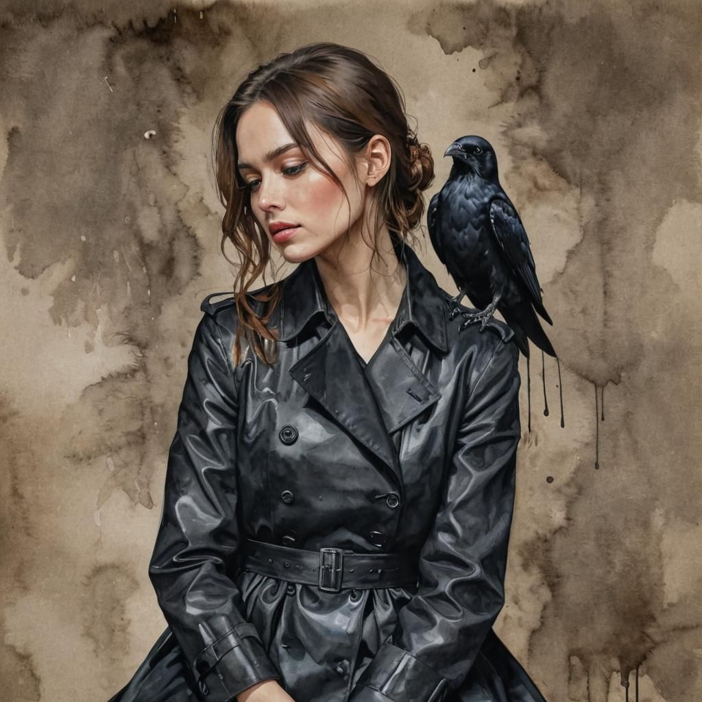 Woman with Crow in Alcohol Ink Style