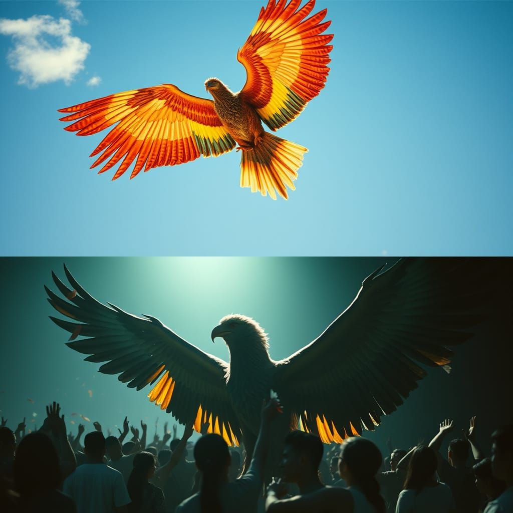 Garuda Embraces Crowd: Fantasy Myth Cinematic Still