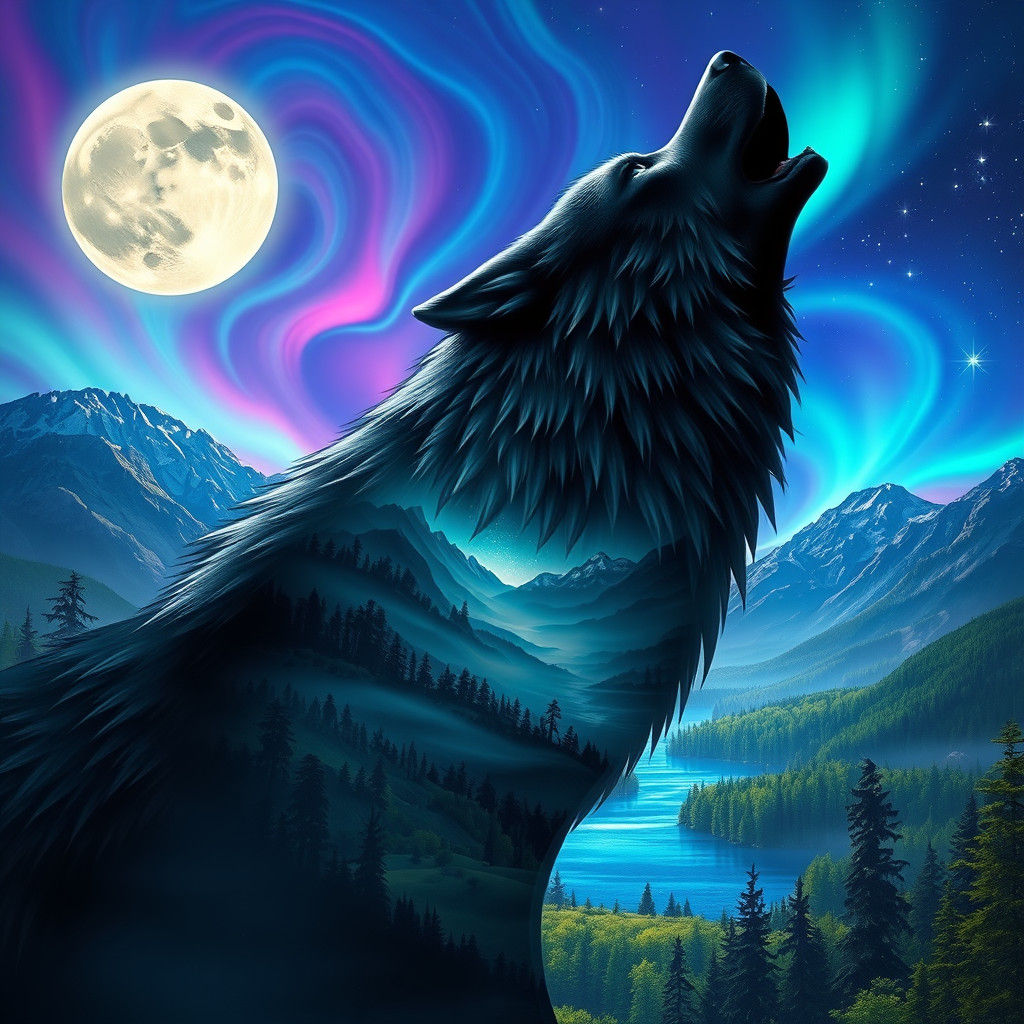 Wolf Howling at Moon Reveals Aurora Landscape