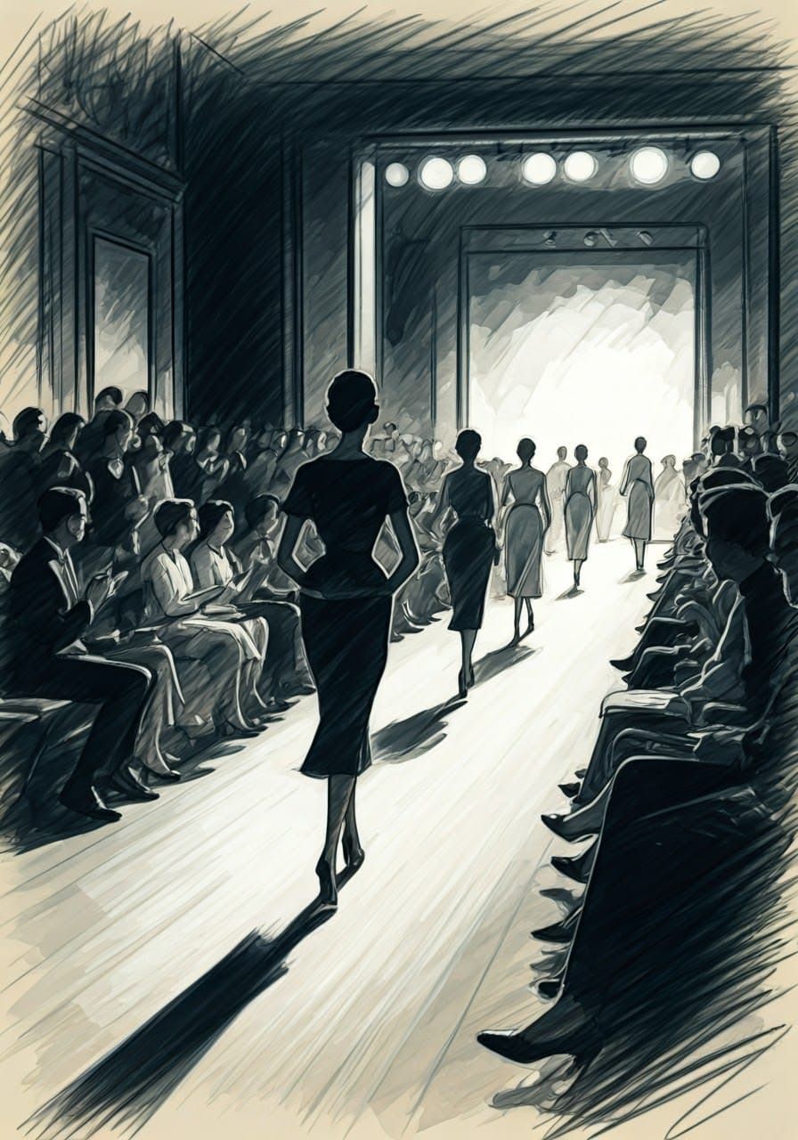 Pencil sketch and wash, loose, a 1950s Paris fashion show catwalk