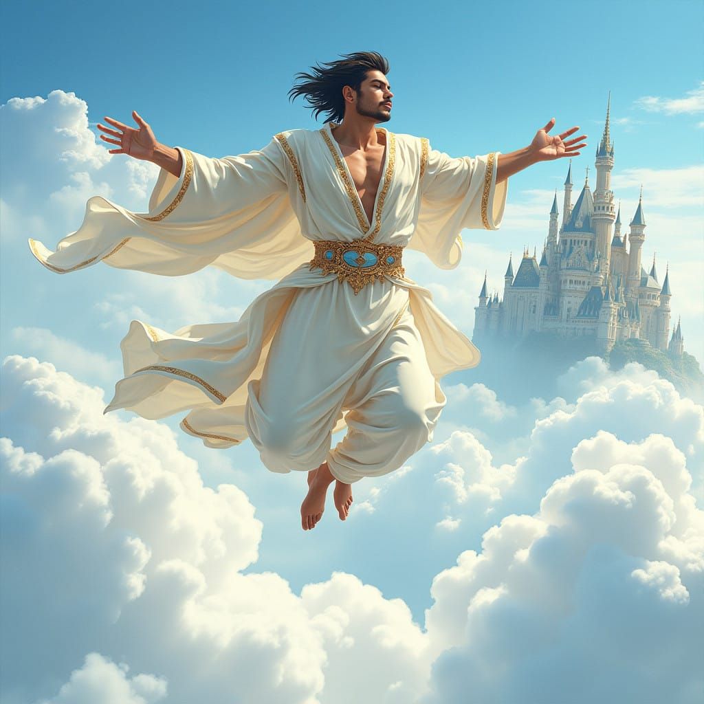 Muscular Hero Ascends to Heavenly Castle in Ethereal DreamSc...