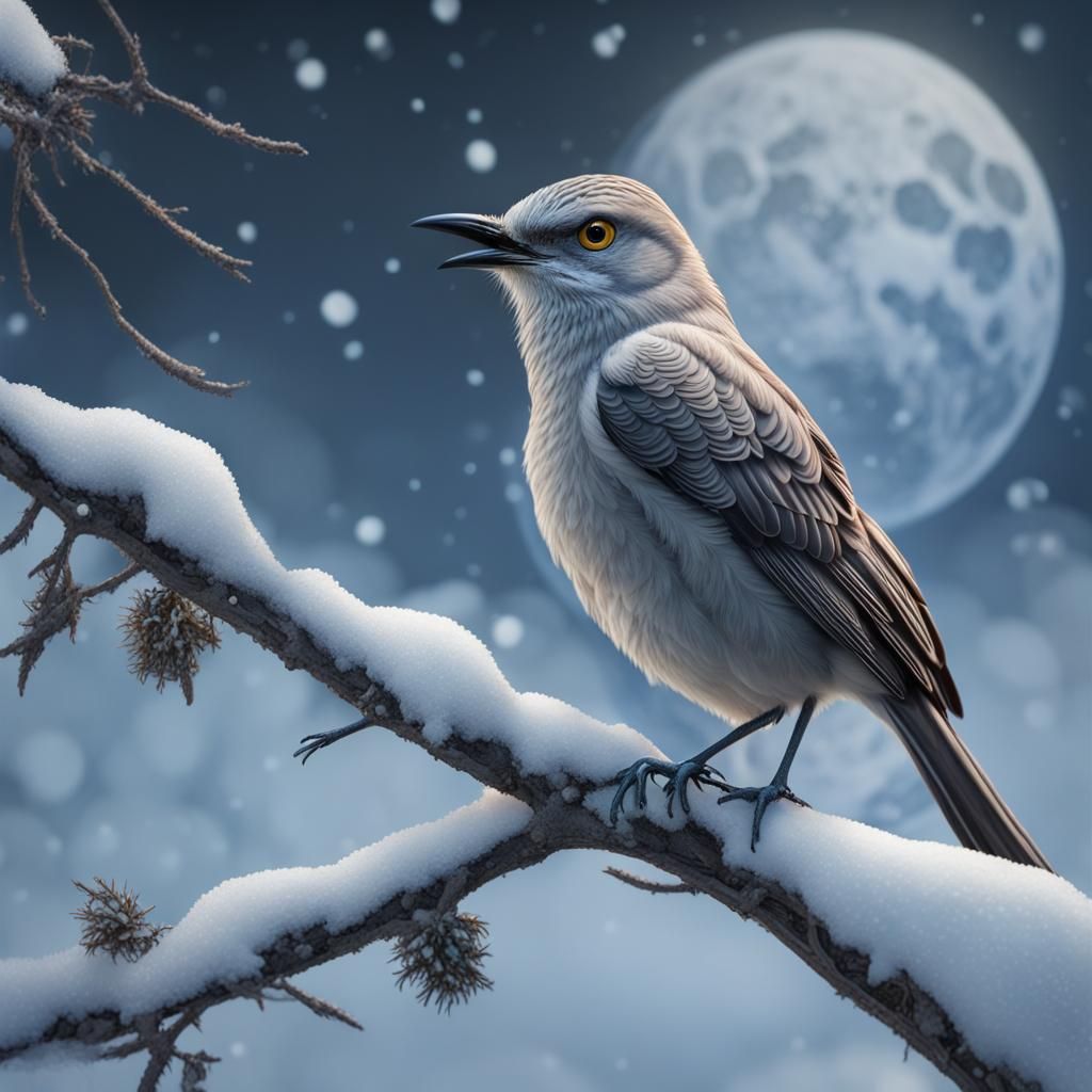 Mockingbird on Snowy Branch with Winter Moon