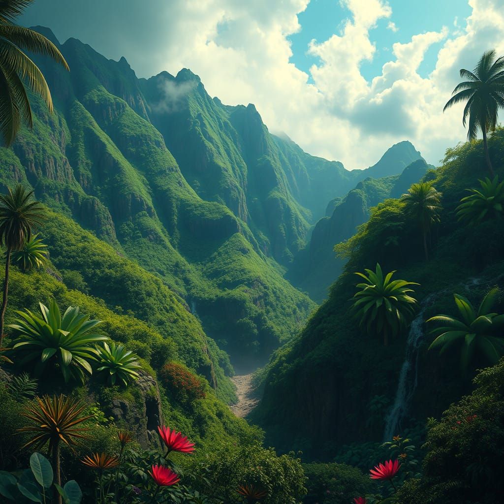 Vibrant Hawaiian Fantasy Landscape in Hyper-Realistic Style