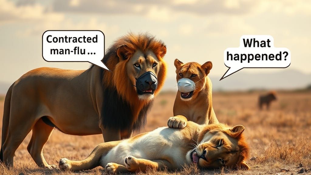 Majestic Lion in African Savannah, Wearing Face Mask, with T...