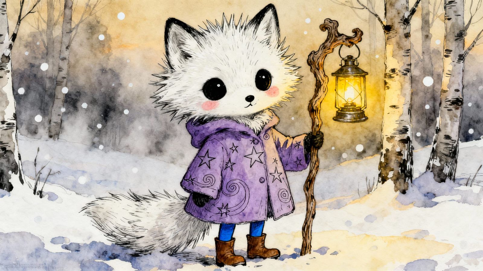 Cute Fox Creature in Snowy Landscape with Lantern