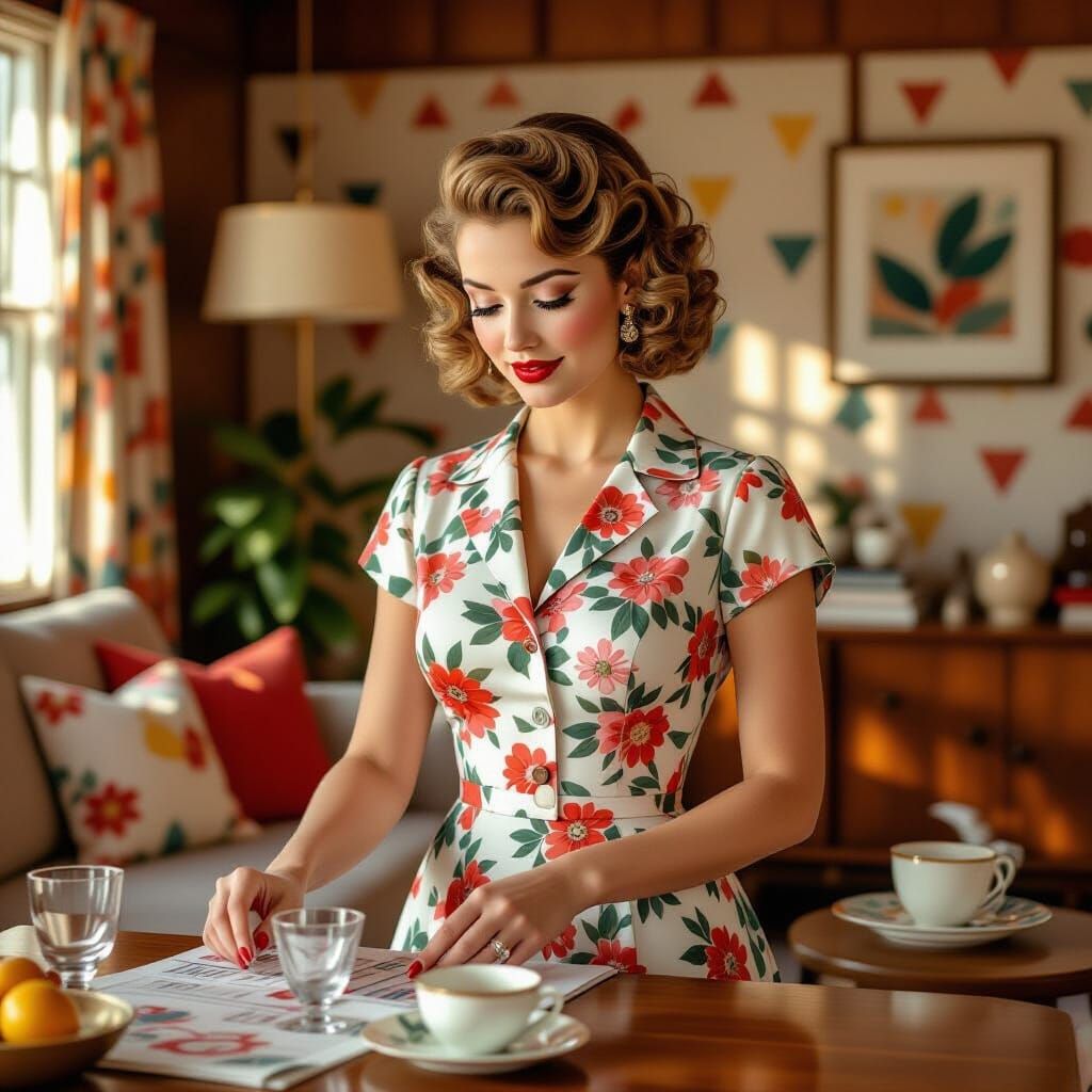 Woman Tidying Room in Syd Mead Style