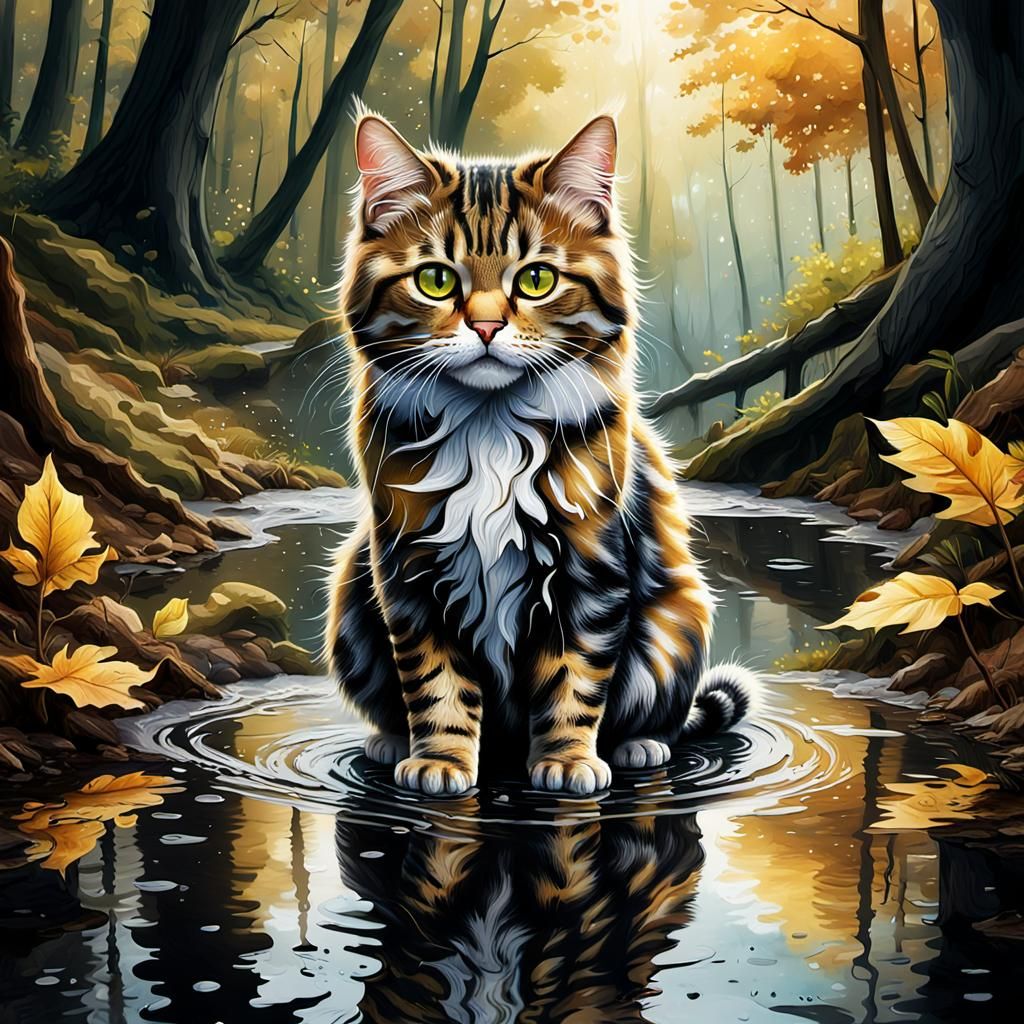 Tabby Cat Reflection in Woods: Matte Painting