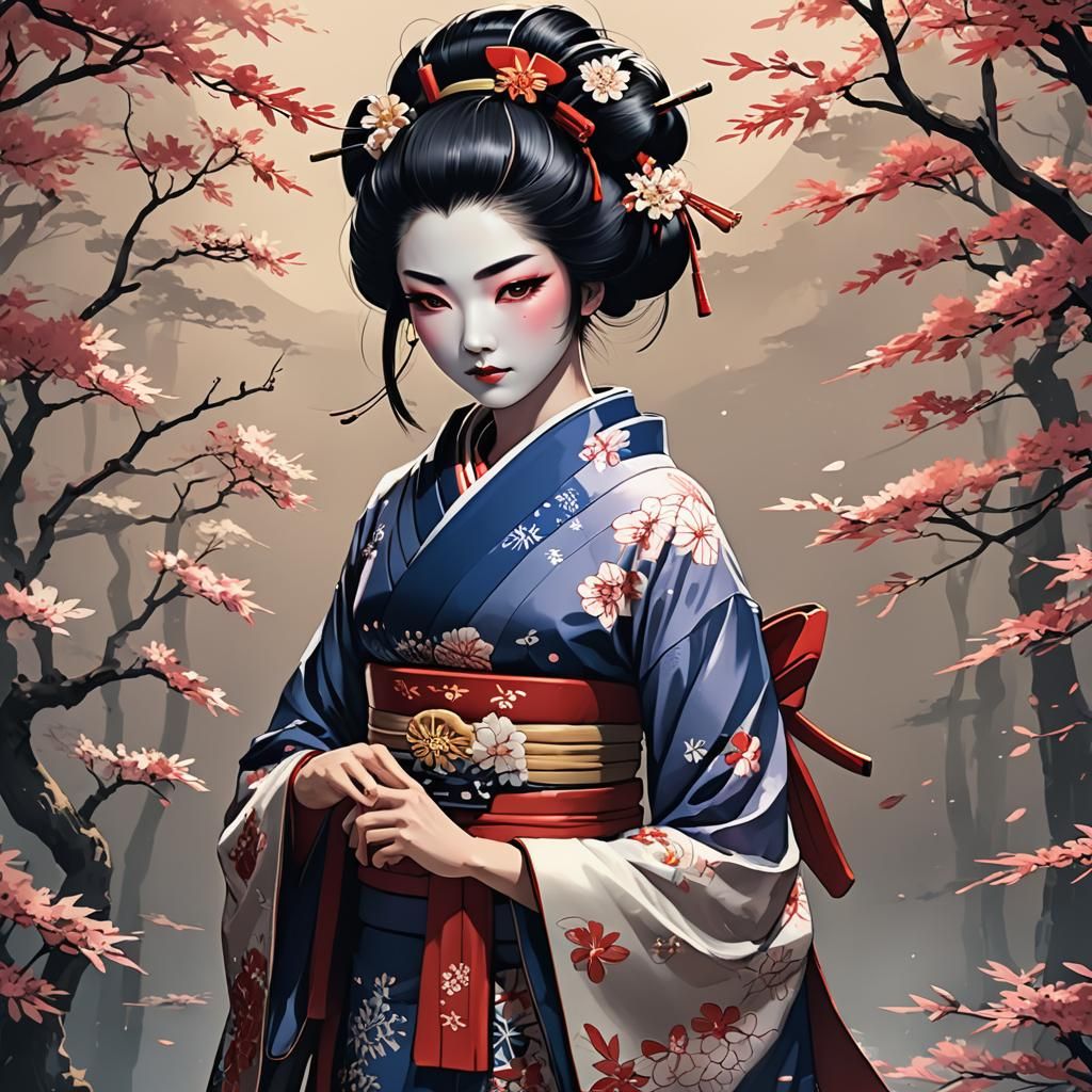 Beautiful Geisha in Anime Cel-Shaded Style
