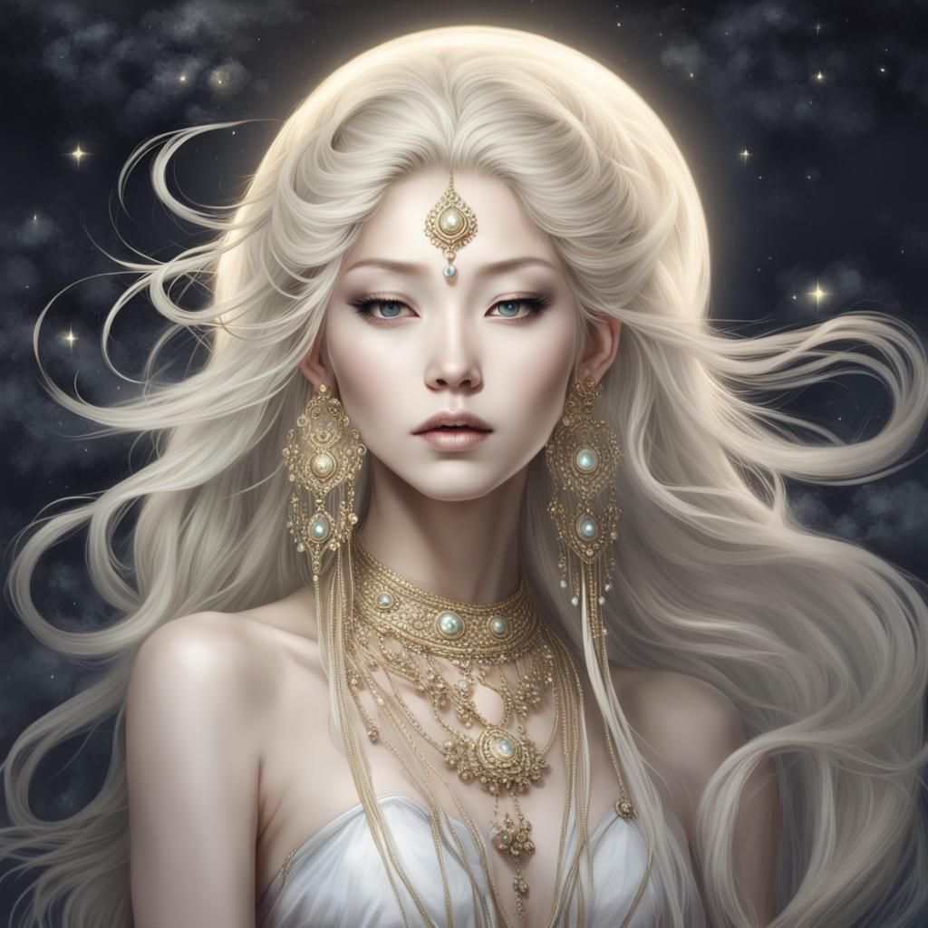 Ethereal Asian Moon Goddess with Flowing Hair