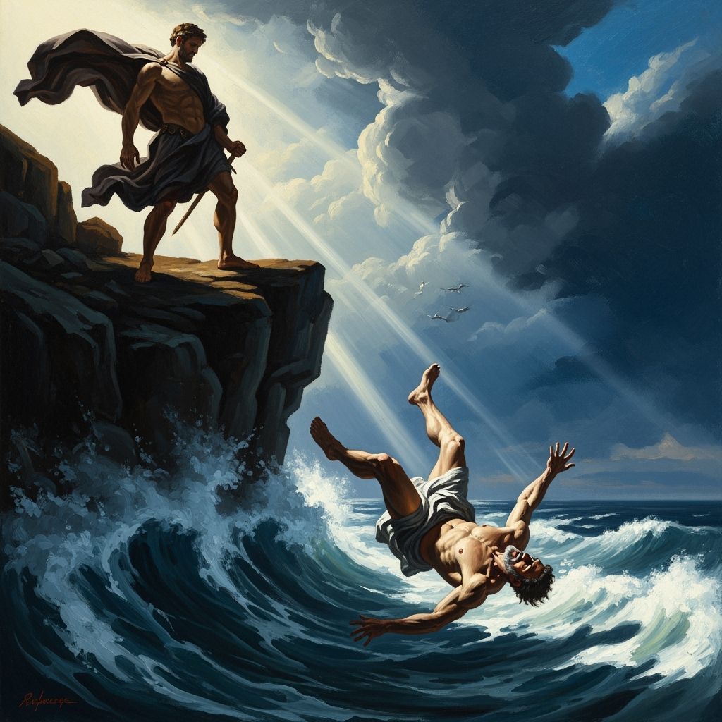 King Theseus Falls from Cliff into Turbulent Sea Oil Paintin...