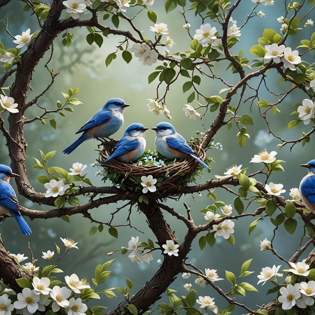 Bluebirds on Blossoming Branch: Detailed Matte Painting