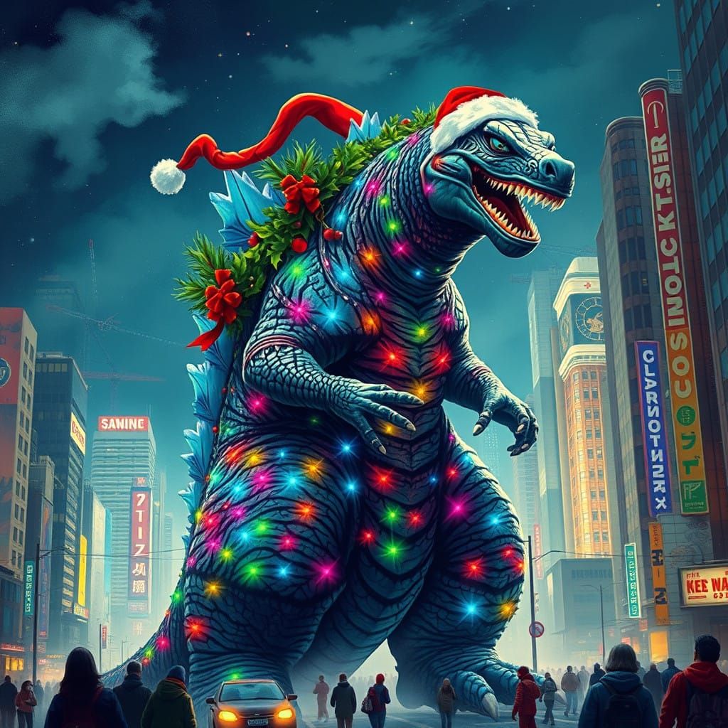 Godzilla in a Festive Cityscape with Colorful Christmas Ligh...