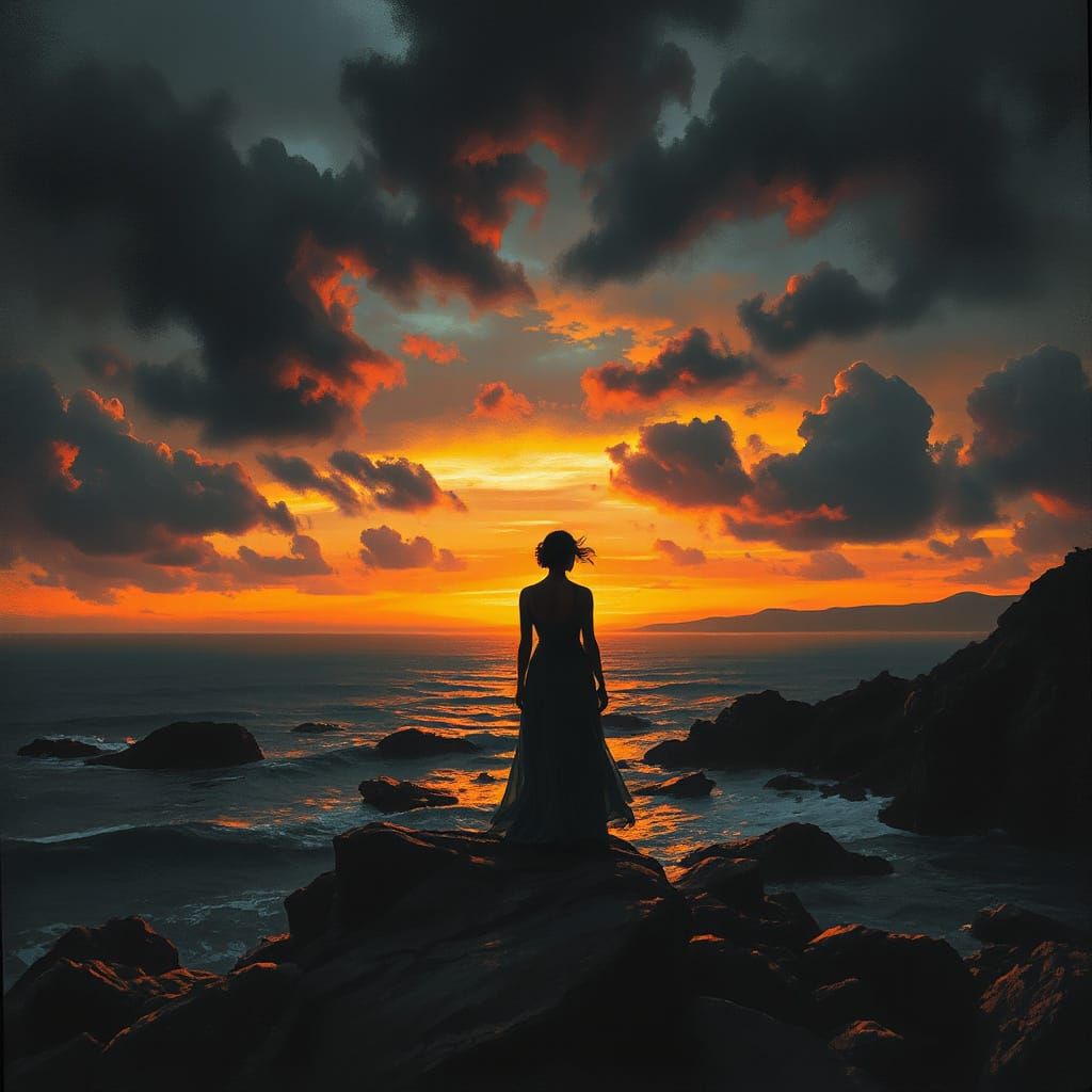 Ominous Sunset Silhouetted Coastline in Atmospheric Style