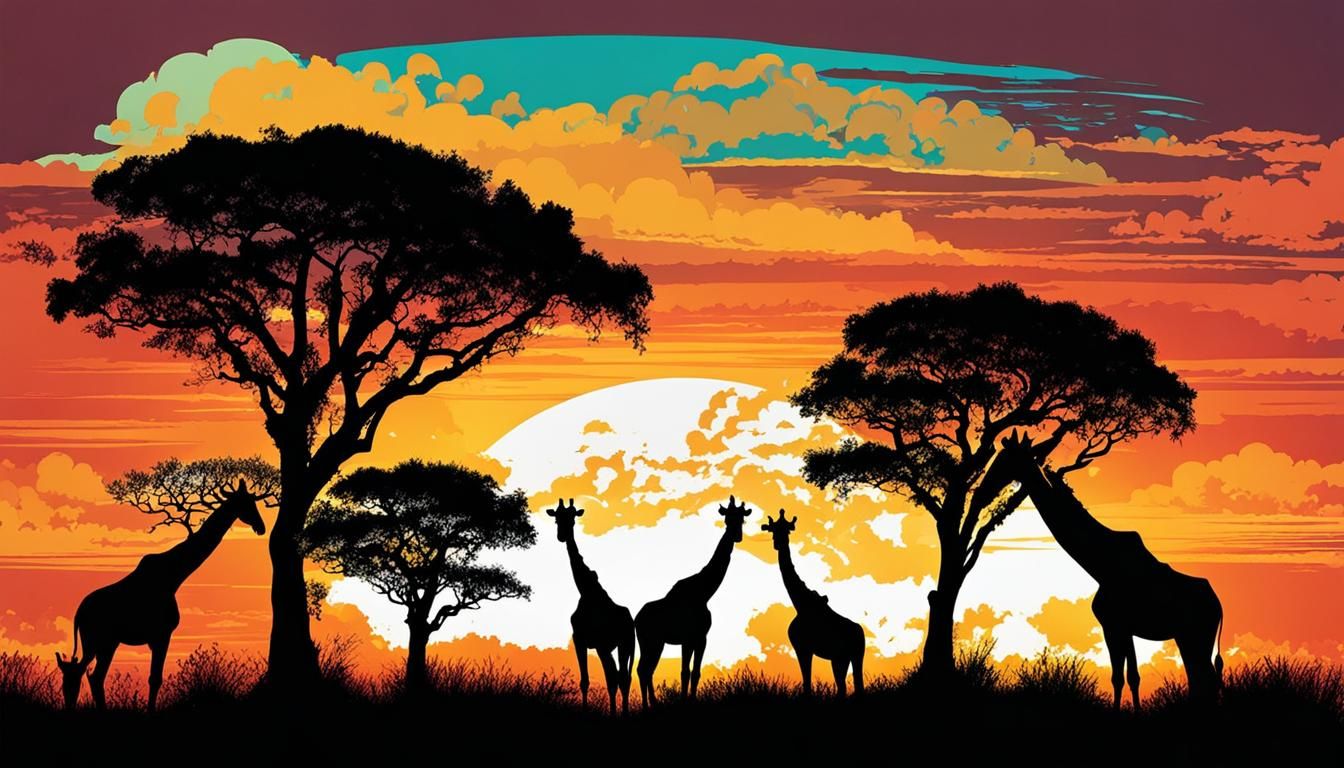 Giraffes Eating Leaves at Sunset: Ink Illustration