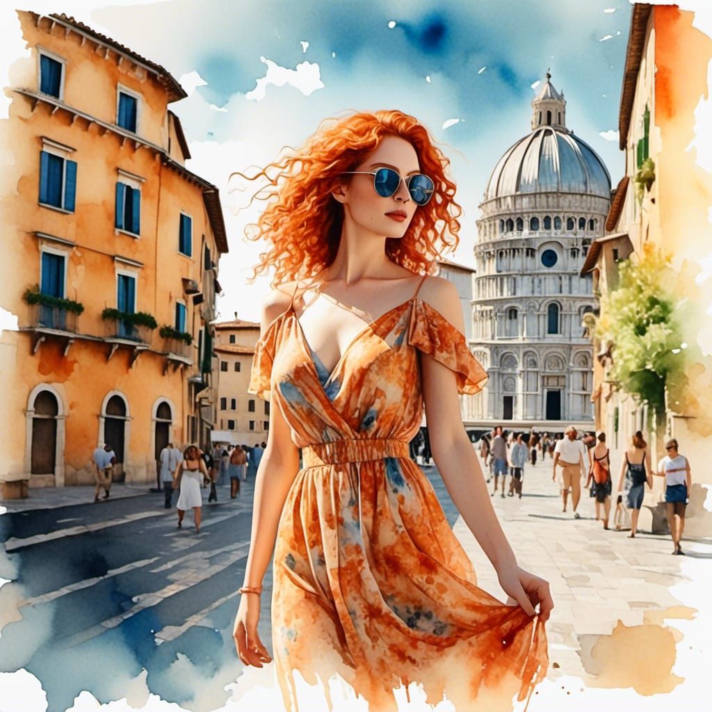 Woman in Pisa, Vivid Watercolor Painting