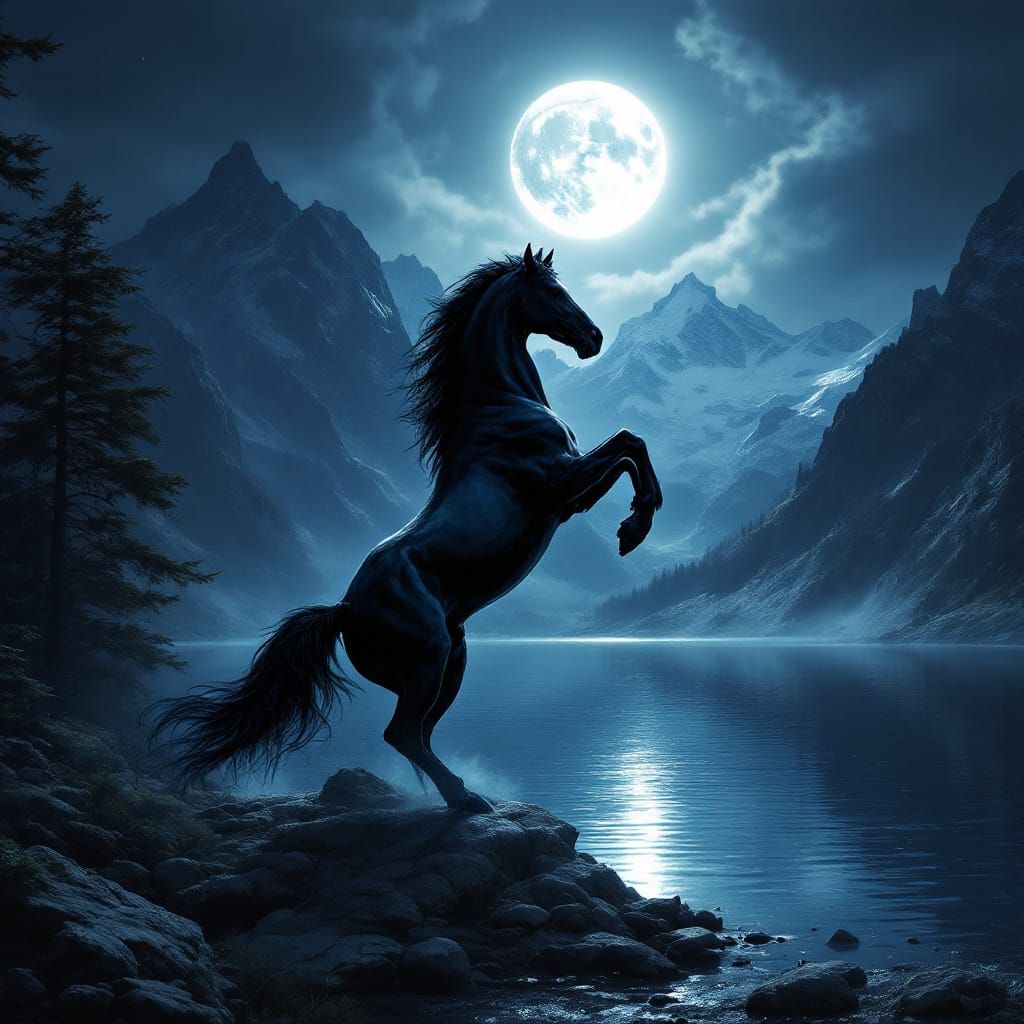 Majestic Black Horse Rears Under Moonlight Near Serene Lake