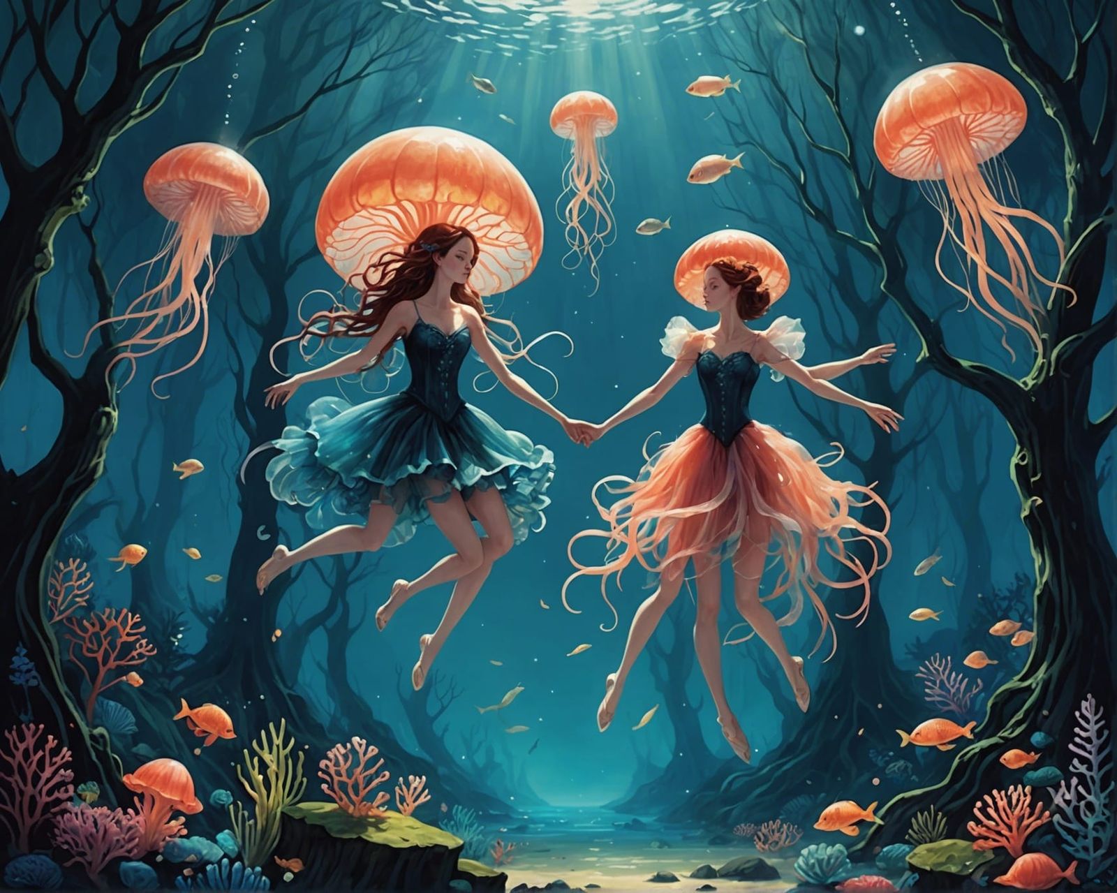 Jellyfish Friends Embrace in Underwater Dance