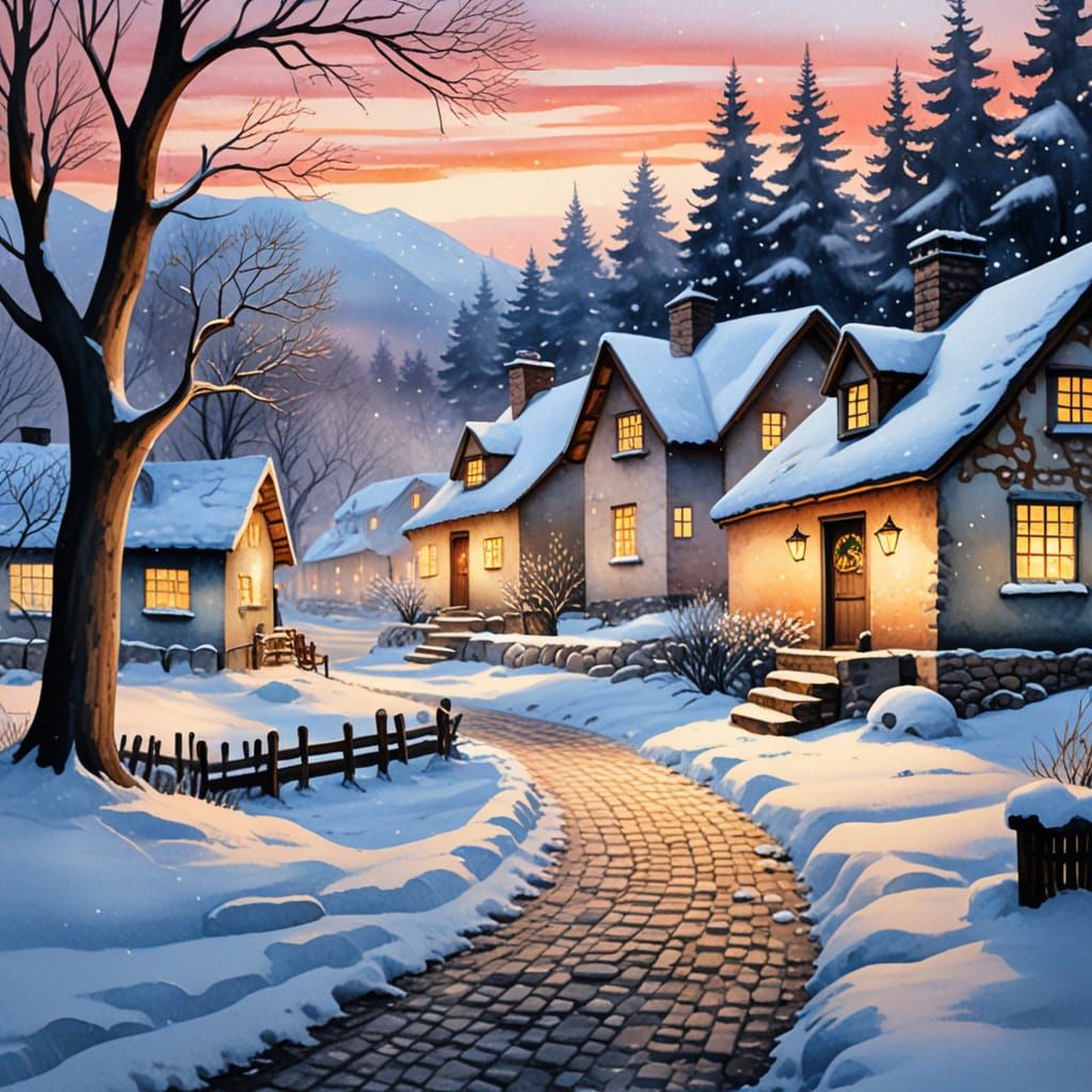 Winter Village Scene in Watercolour Painting