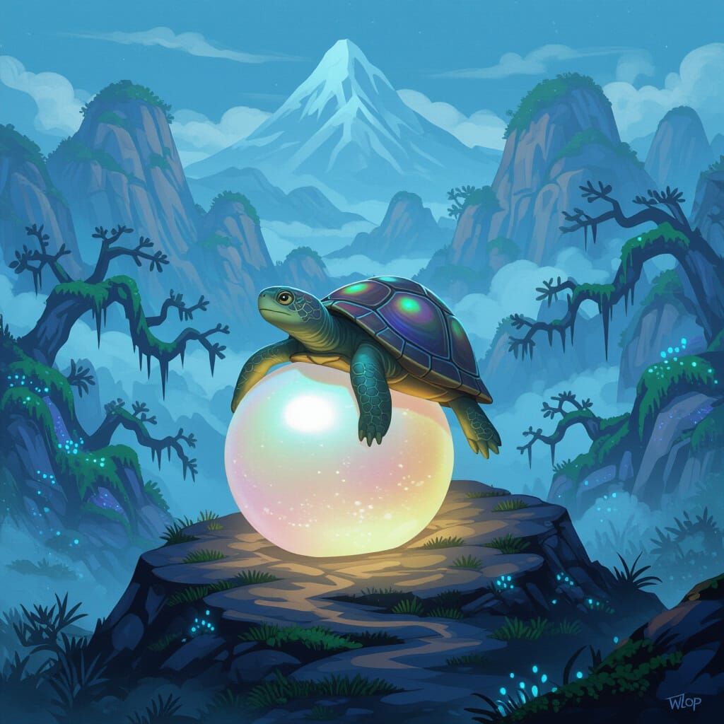 Anime-Style Turtle with Pearl on Mountain Peak