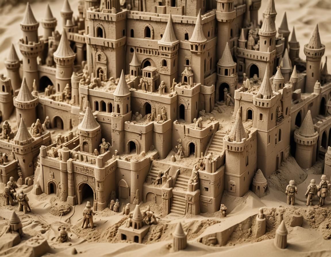 Macro Shot of an Intricate Sandcastle with Toy Soldiers