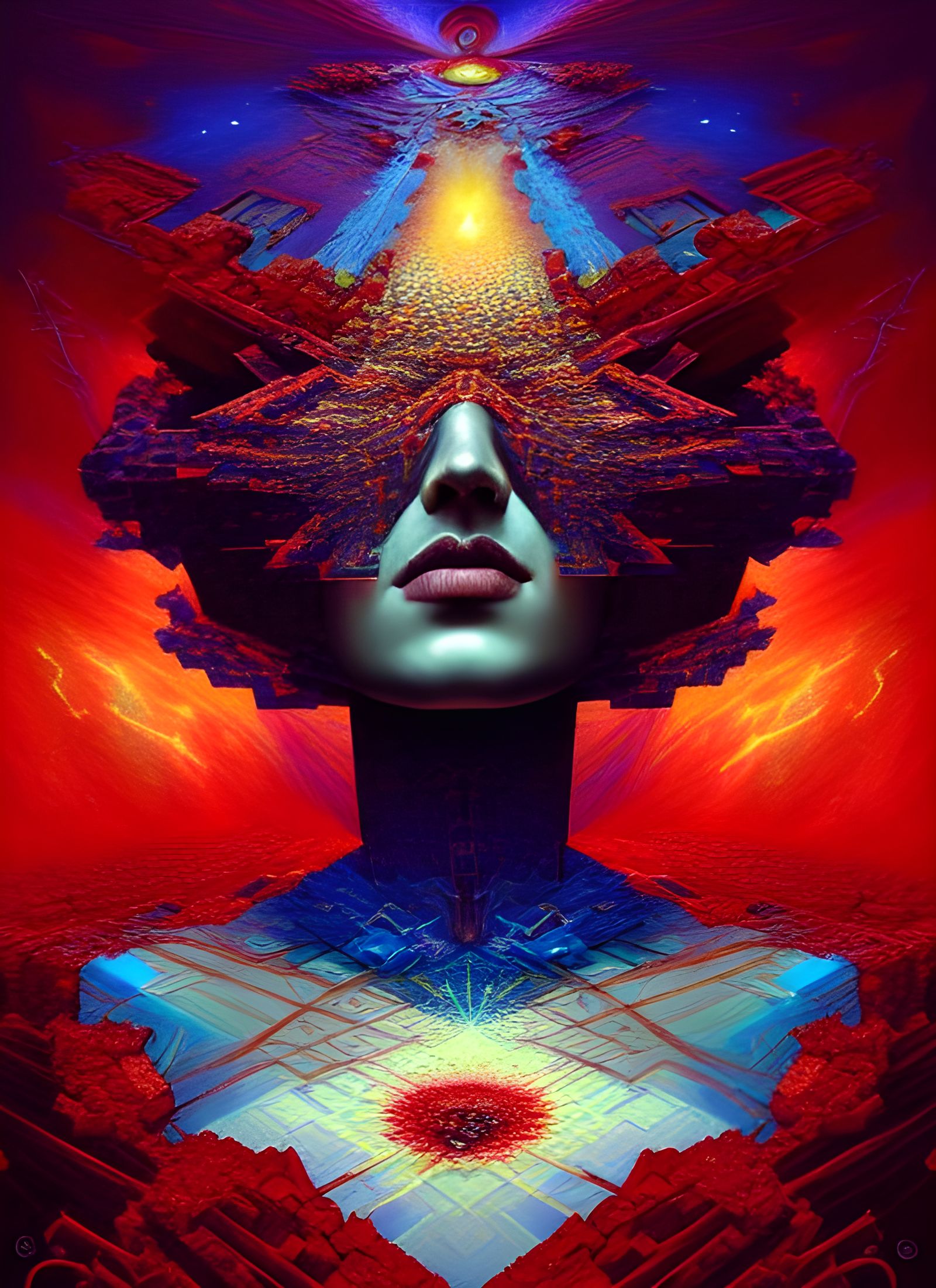 Fragmented Red Cosmic God Portrait in Voxel Fractals