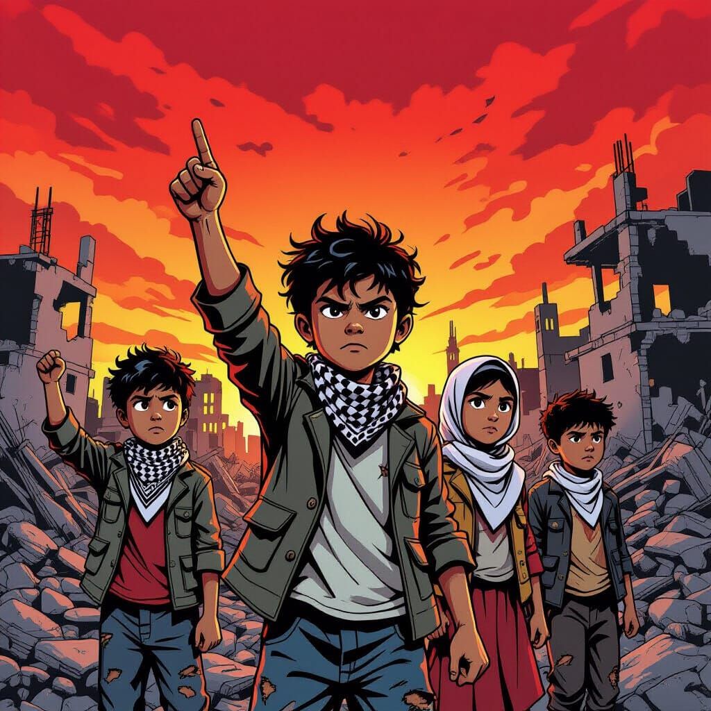Children Defiant Amidst Rubble Under Crimson Sky